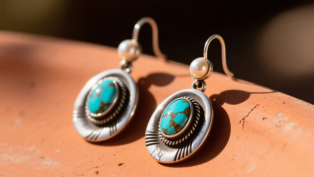 Macro shot of oxidized sterling silver Navajo pearl drop earrings with turquoise accents resting on a sunlit terracotta surface.