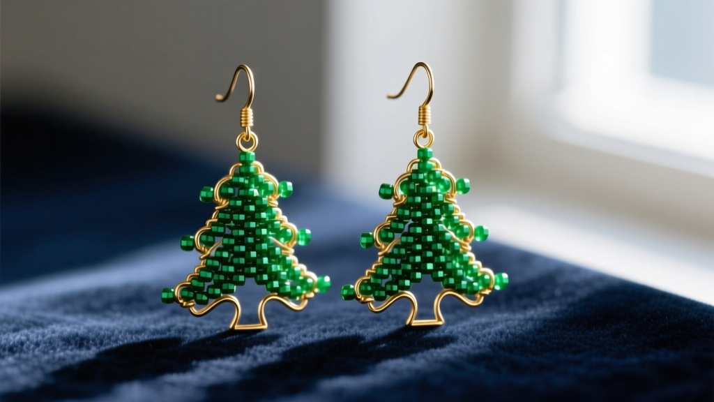 Macro photography of artisan beaded Christmas tree earrings featuring emerald green Miyuki seed beads and 14k gold wire on velvet