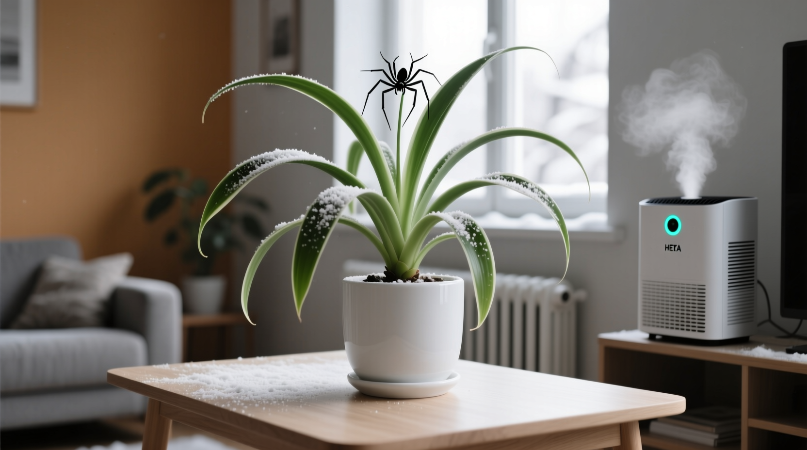 Winter heating season spider plant versus HEPA filter showing no measurable air quality difference in typical living spaces