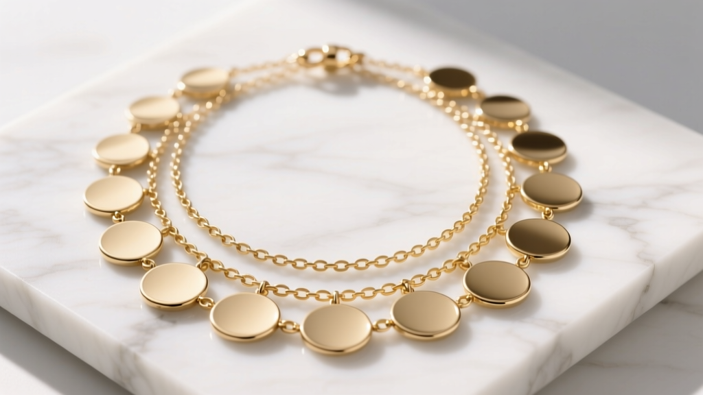 Flat lay of a gold-tone J Crew layered circle necklace on white marble showing delicate intertwined chains and circular pendants