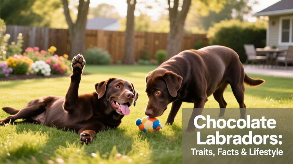 Two Chocolate Labrador Retrievers playing gently together in a grassy yard