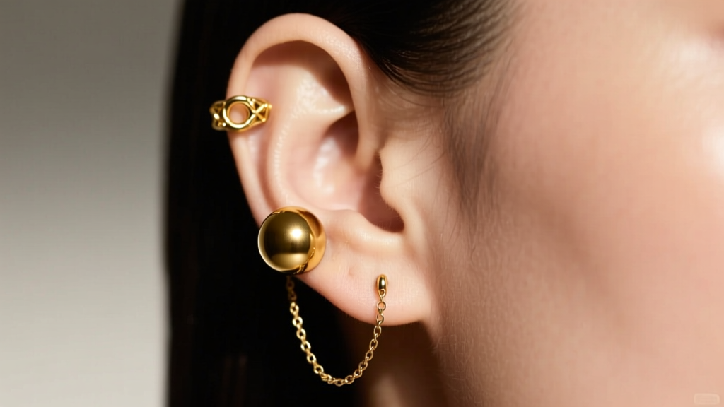 Side profile of an ear curation featuring a large gold ball lobe stud, a delicate chain, and a small gold cartilage huggie hoop.