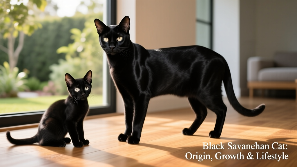Side-by-side comparison of a black Savannah kitten and an adult black Savannah cat, highlighting growth, muscle development, and coat sheen