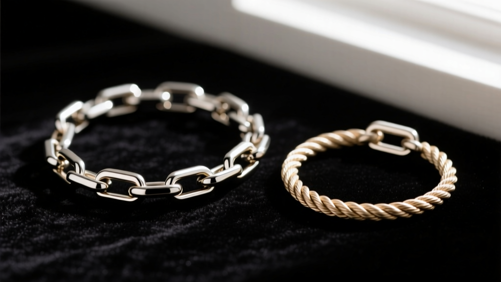 Macro shot of a 5mm Figaro chain beside a 3mm rope chain on black velvet, showing contrasting link patterns and metal finishes.