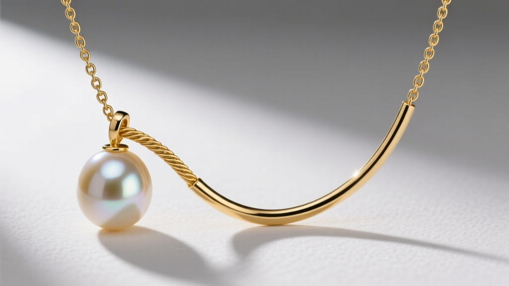 Close-up of an 18k gold asymmetrical balance necklace with a heavy pearl drop on the left and a fine cable chain.
