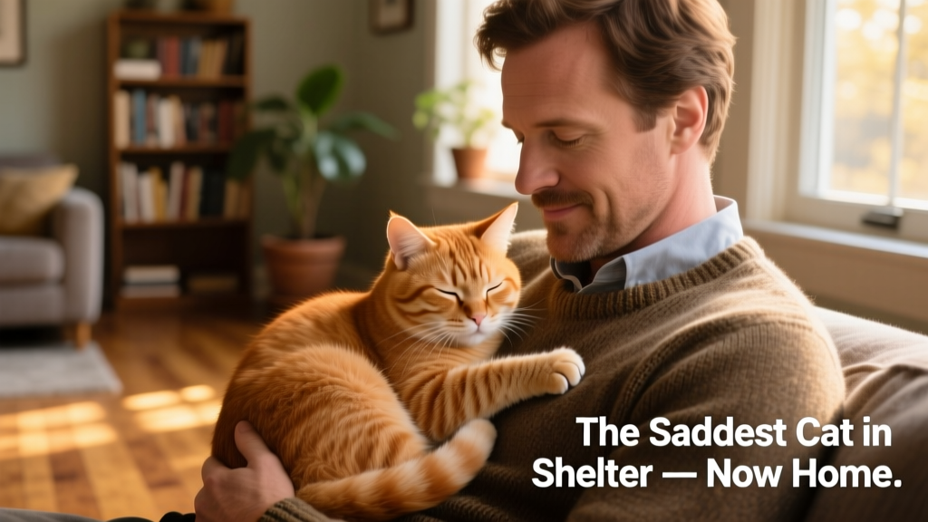 The ginger cat curled up peacefully on Andrew McCarthy's chest, eyes half-closed, paws gently kneading