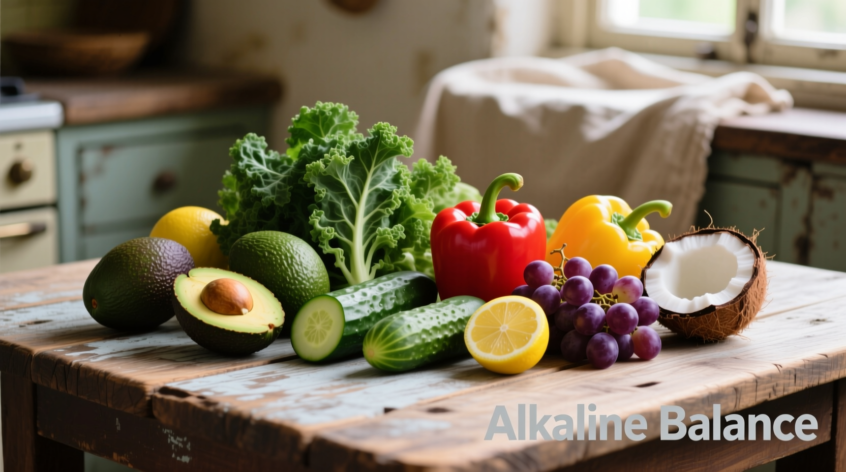 Colorful assortment of alkaline foods on wooden table