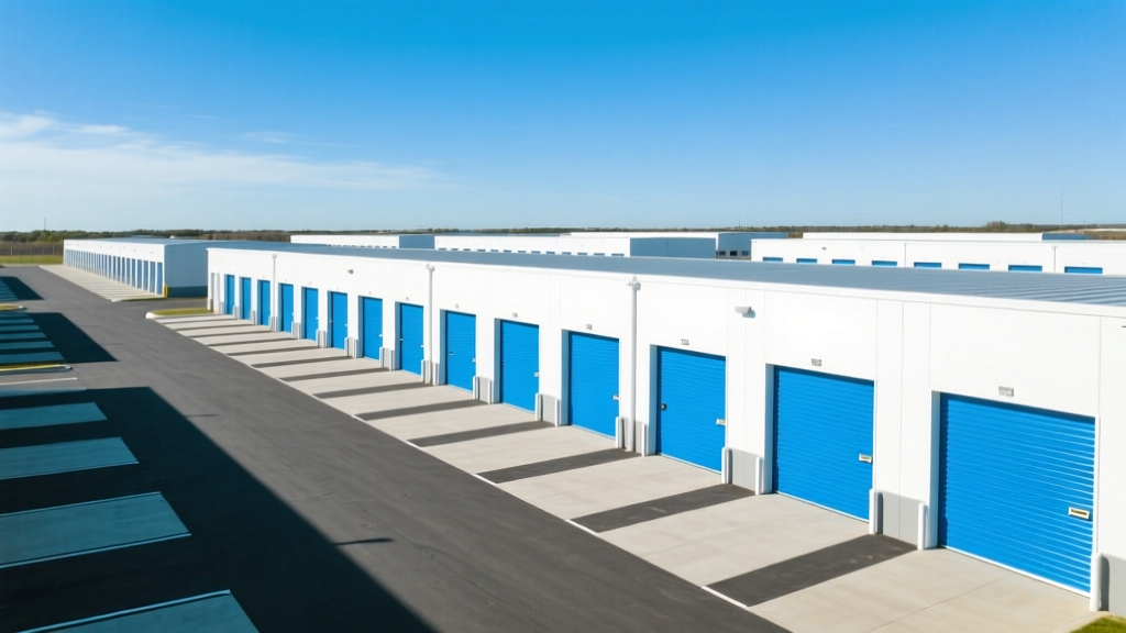 Aerial view of a new single-story self-storage facility with bright blue roll-up doors and fresh asphalt paving under a clear sky.