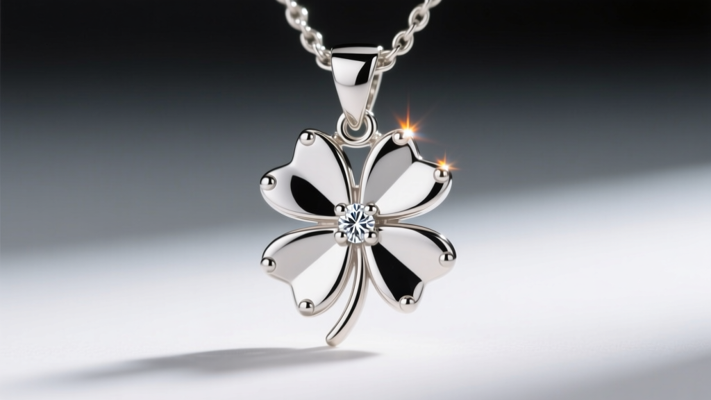 Macro photo of a four leaf clover pendant showing secure bezel-set melee diamonds against polished 14k white gold.