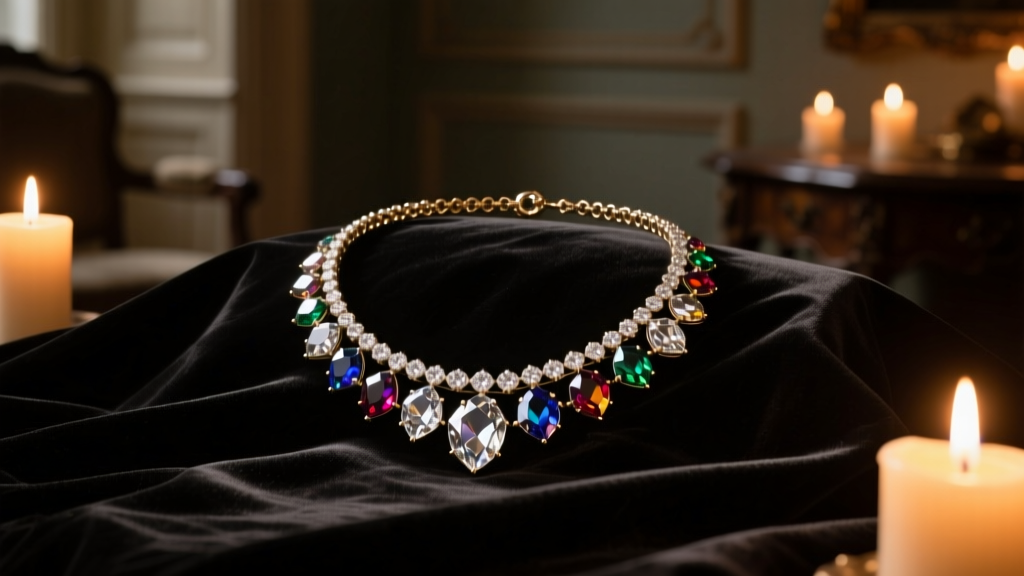 Vintage leaded glass paste diamond necklace resting on dark velvet, illuminated by warm dramatic candlelight in a dimly lit room.