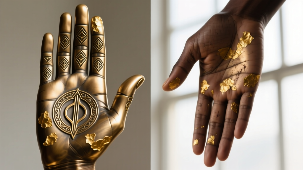 Side-by-side macro shot showing a hamsa hand facing up and another facing down, highlighting engraved finger details.