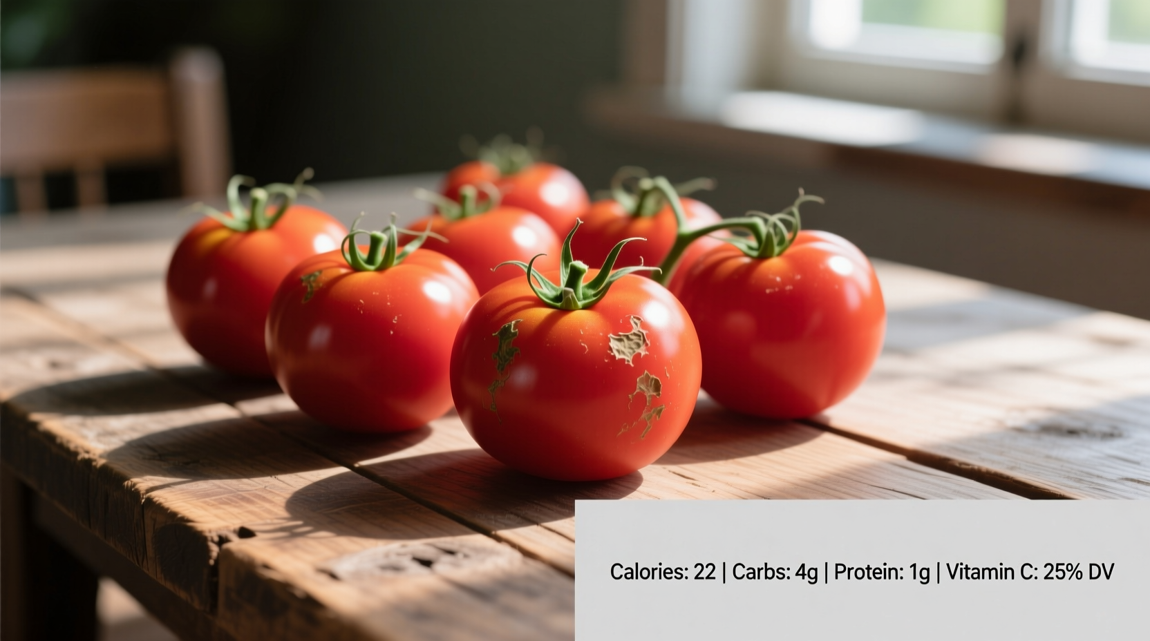 Fresh tomatoes on wooden table with nutritional facts