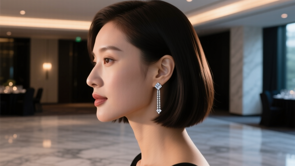 Profile view of a woman with a sleek chin-length bob wearing linear diamond threader earrings at a dimly lit evening event