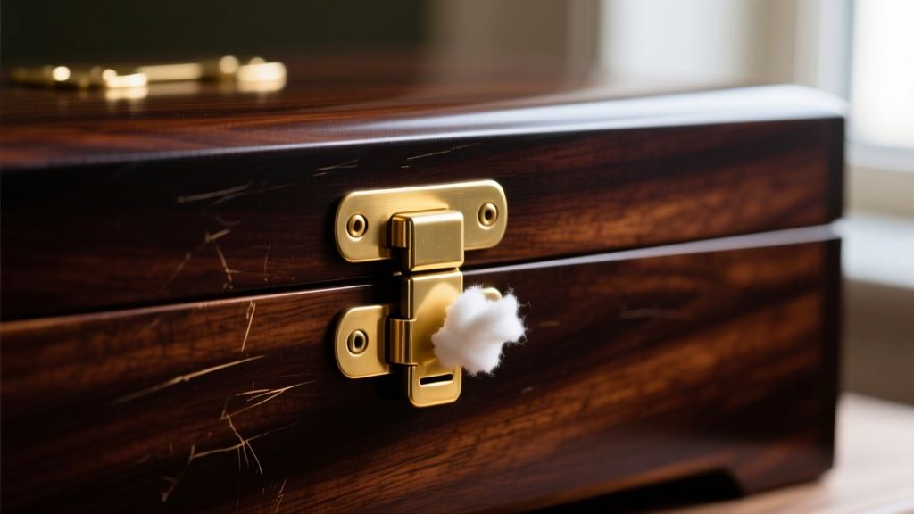 Brass hinges on a mahogany box polished with a cotton swab, revealing bright gold metal against a dark, polished wood background.