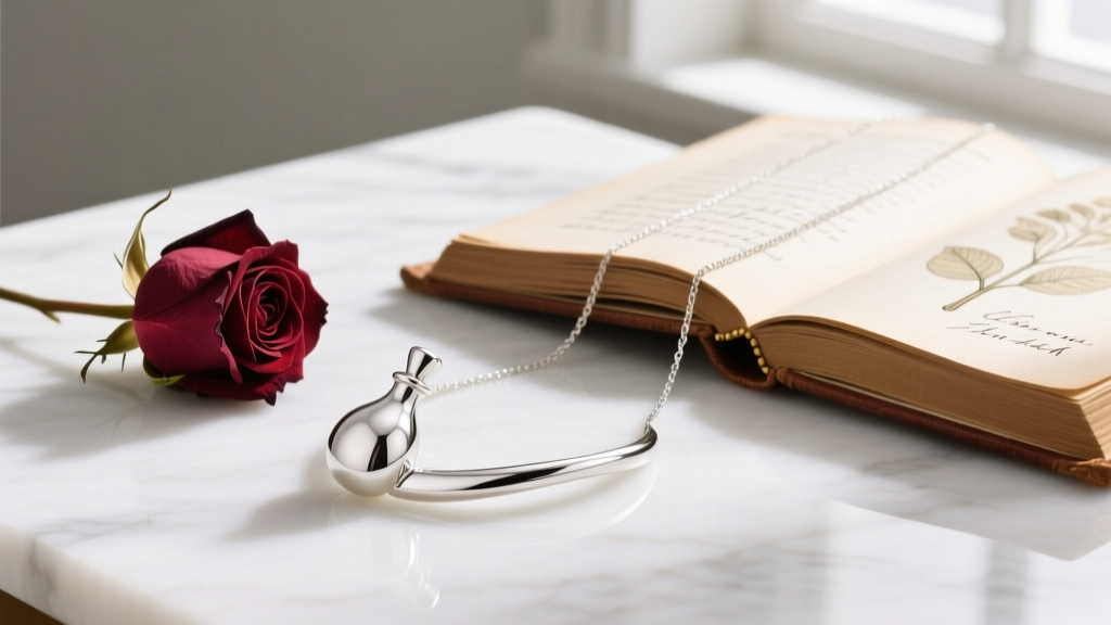 A sterling silver Elsa Peretti bottle necklace on white marble next to a dried rose and an open vintage book in soft light.