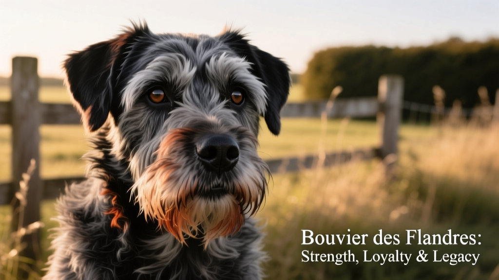 Close-up portrait of a Bouvier des Flandres showing its expressive eyes, beard, and textured coat