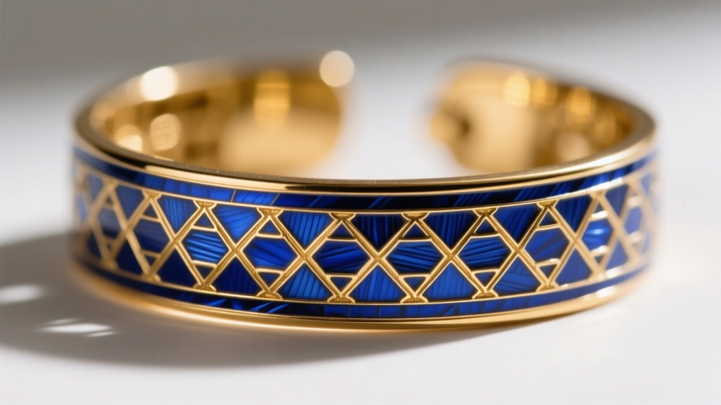Extreme macro close-up of blue guilloché enamel on a vintage gold bracelet showing intricate engraved geometric patterns beneath