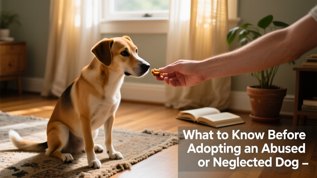 A gentle hand offering a treat to a cautious, seated dog in a quiet home setting