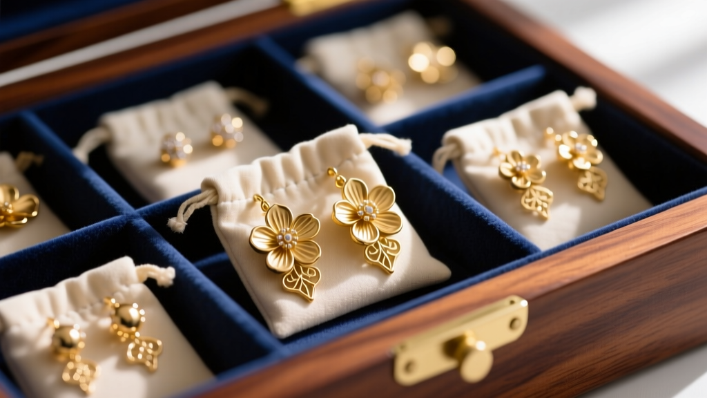 Polished gold flower earrings safely stored inside individual soft microfiber pouches within a lined mahogany jewelry box drawer