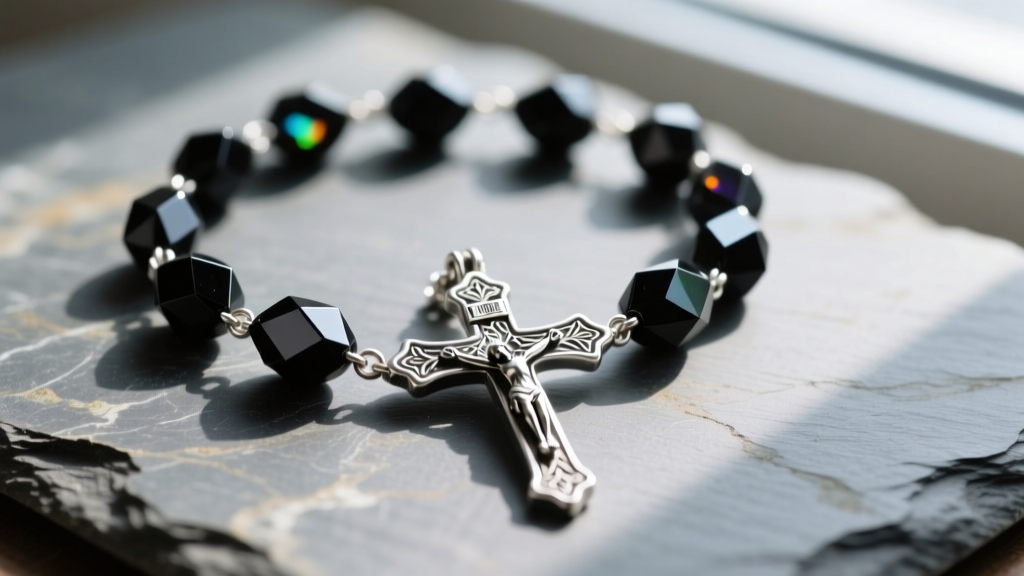 Macro shot of a sterling silver rosary necklace on slate, featuring faceted black onyx beads and an intricately detailed crucifix.