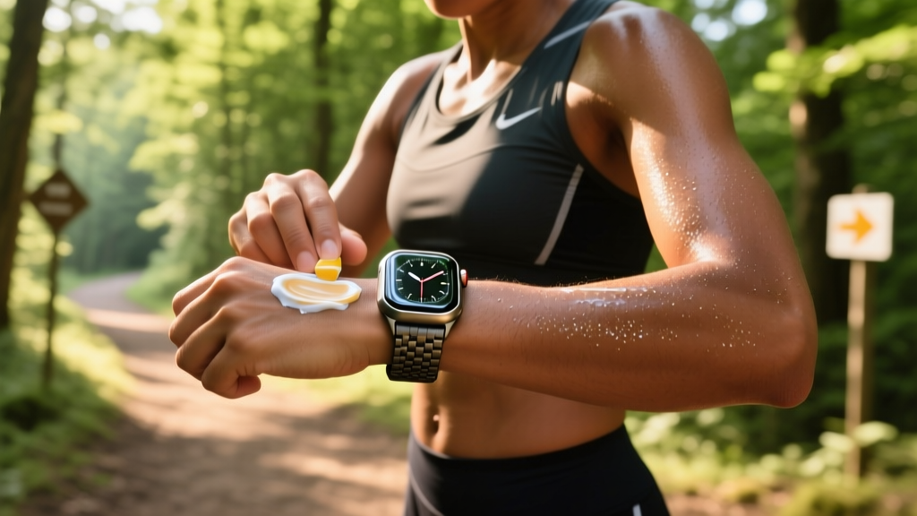 Runner applying zinc oxide sunscreen near the digital crown and optical sensors of an Apple Watch Ultra 2 on a sunny outdoor trail.