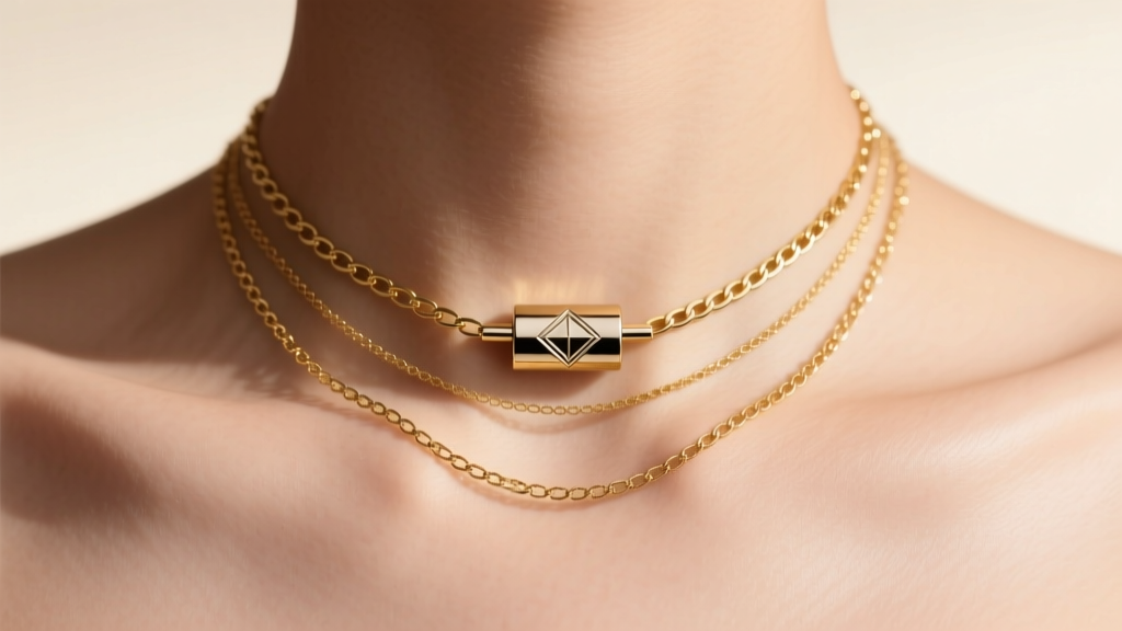 Close-up of a collarbone featuring a three-layer gold necklace stack secured by a sleek cylindrical magnetic stacker clasp.