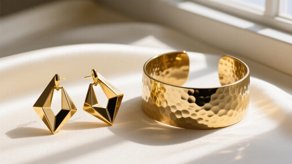 Flat lay of chunky 1980s geometric gold vermeil earrings and a thick hammered brass cuff bracelet on cream silk fabric background