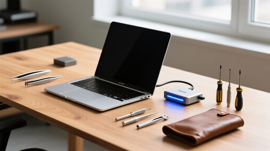 Sleek wooden desk with a MacBook Pro connected to a glowing Thunderbolt dock, surrounded by precision repair tools and a leather sleeve.