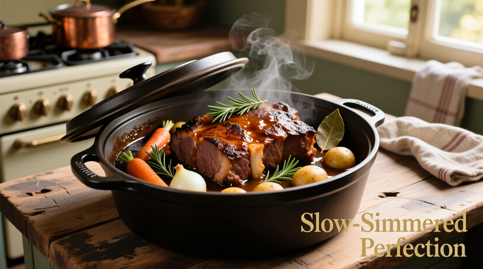 Perfectly seared pot roast in Dutch oven with vegetables