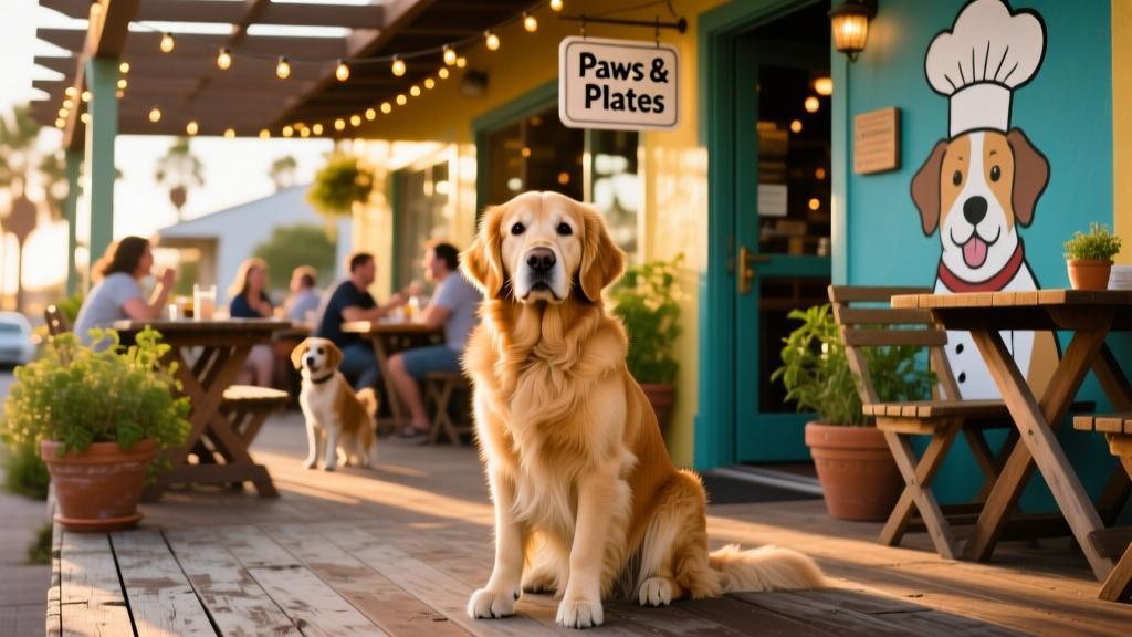 Golden retriever sitting calmly outside a lively dog-friendly restaurant with outdoor seating and string lights
