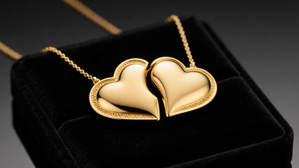 Two interlocking 14k solid gold broken heart necklace halves resting on dark velvet jewelry display pad under soft studio lighting.