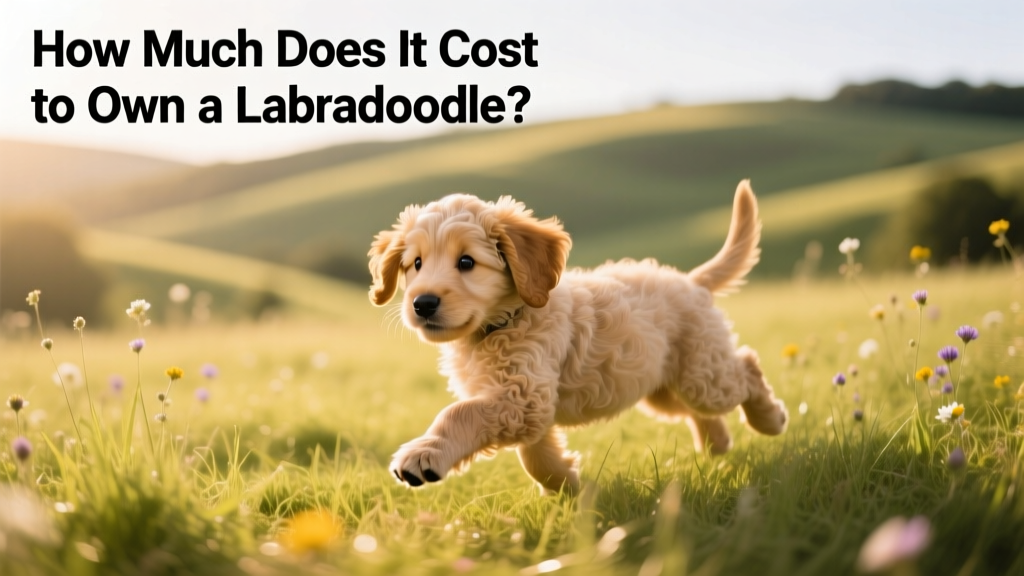 A golden Labradoodle puppy running joyfully across a grassy field