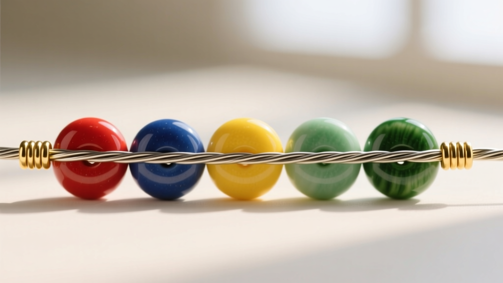 Macro shot of 49-strand steel beading wire threaded through colorful ceramic smarties disc beads secured by small gold crimp tubes