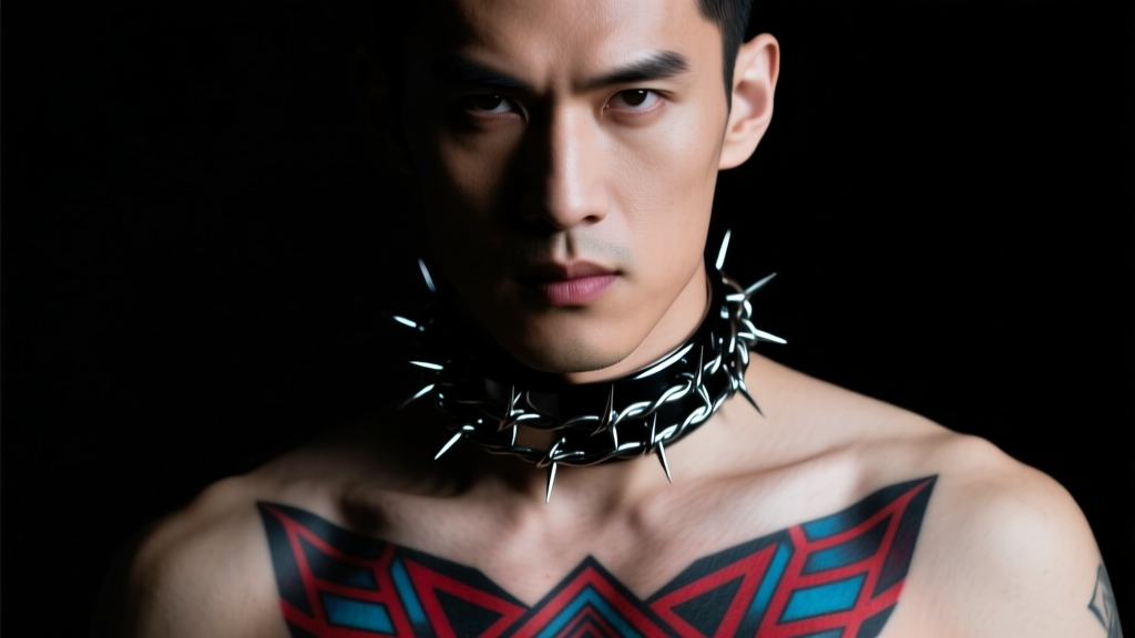 Close-up of a man wearing a black DLC titanium barbed wire choker, contrasting with a chest tattoo under moody studio lighting.