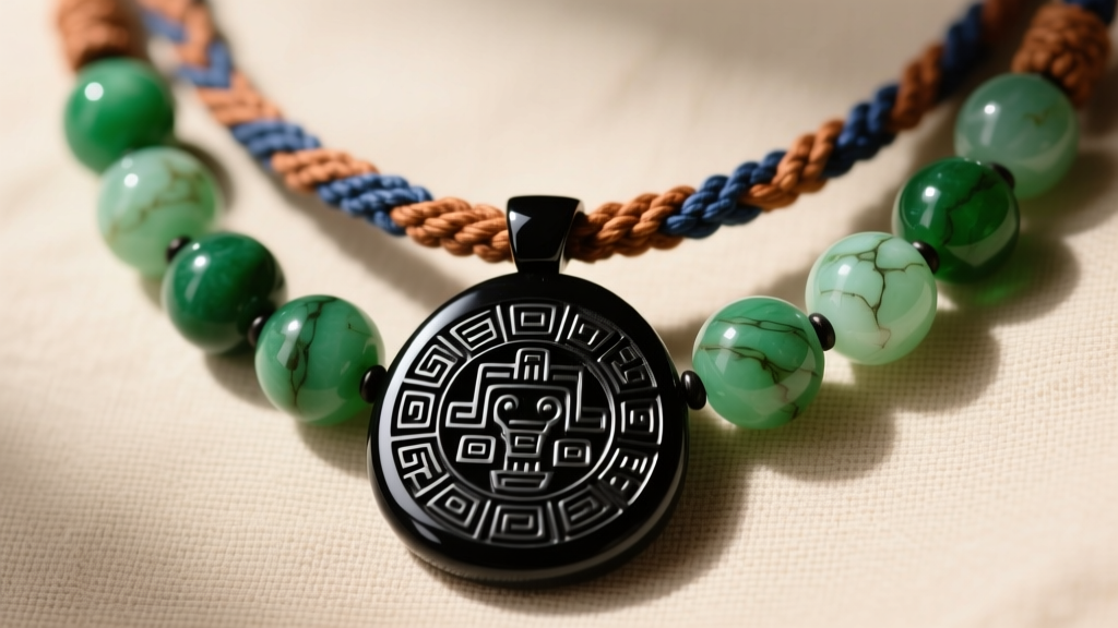 Close-up of a modern Mayan-inspired necklace with polished Guatemalan jadeite beads and a carved obsidian pendant on a woven cord.