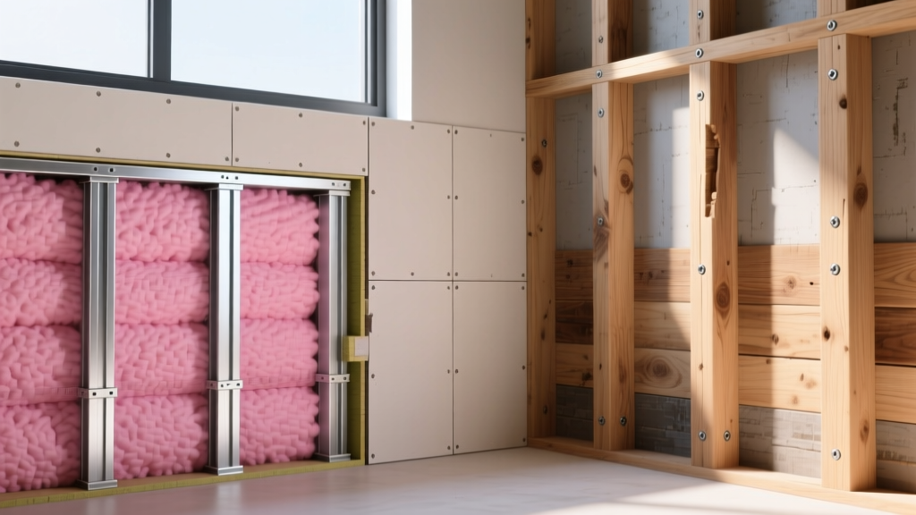 Cross-section of a modern residential wall showing New Castle light gauge steel studs, pink fiberglass insulation, and drywall next to a traditional wood stud wall