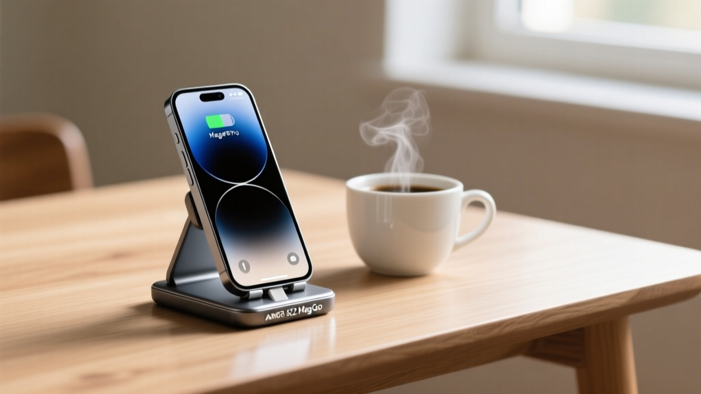 Anker 622 MagGo magnetic power bank propped up on its built-in kickstand charging an iPhone 15 Pro next to a coffee cup