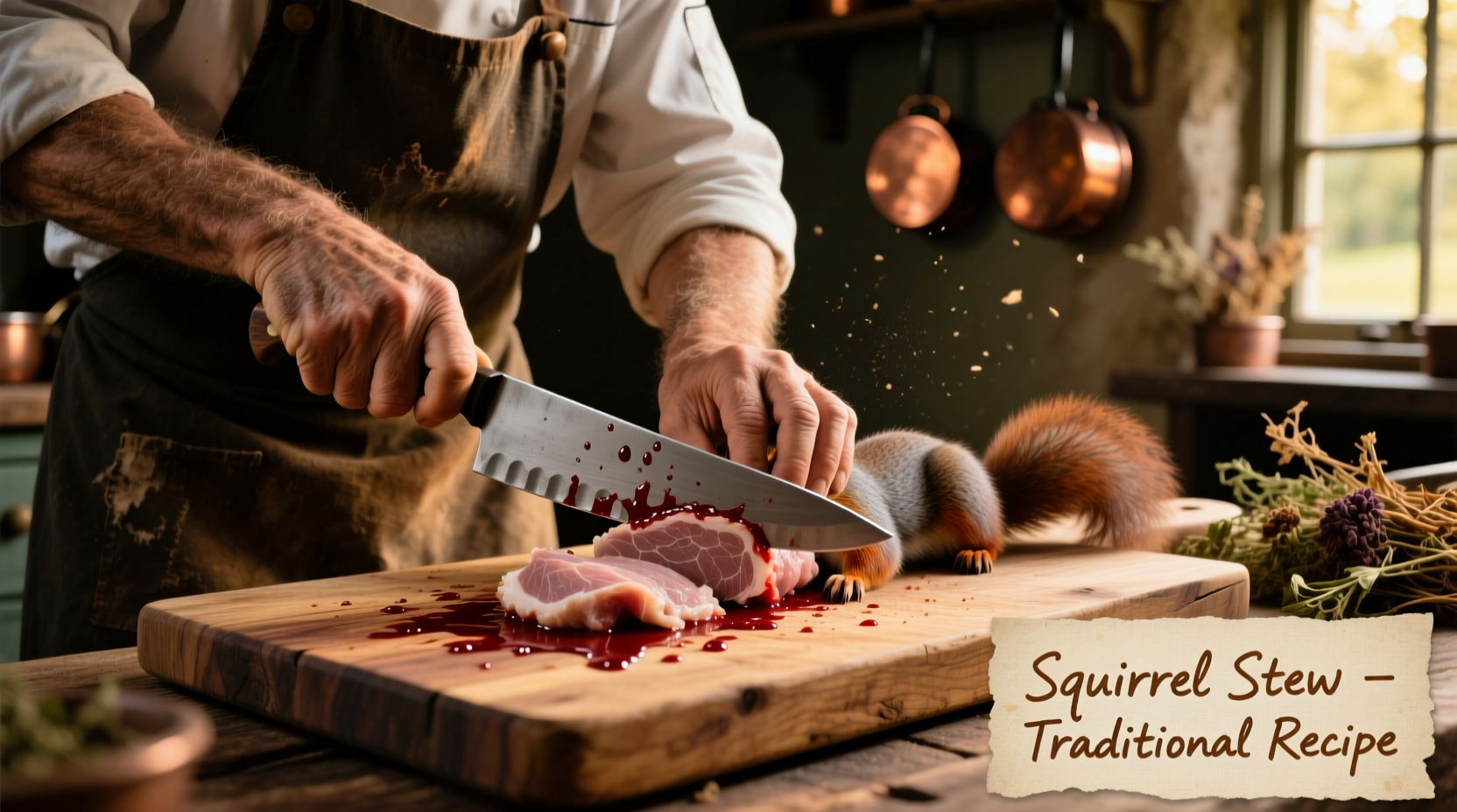 Chef preparing squirrel meat on wooden cutting board