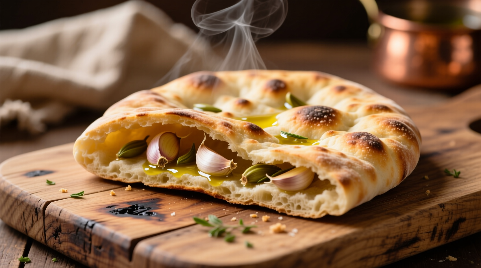 Freshly baked garlic pita bread on wooden board