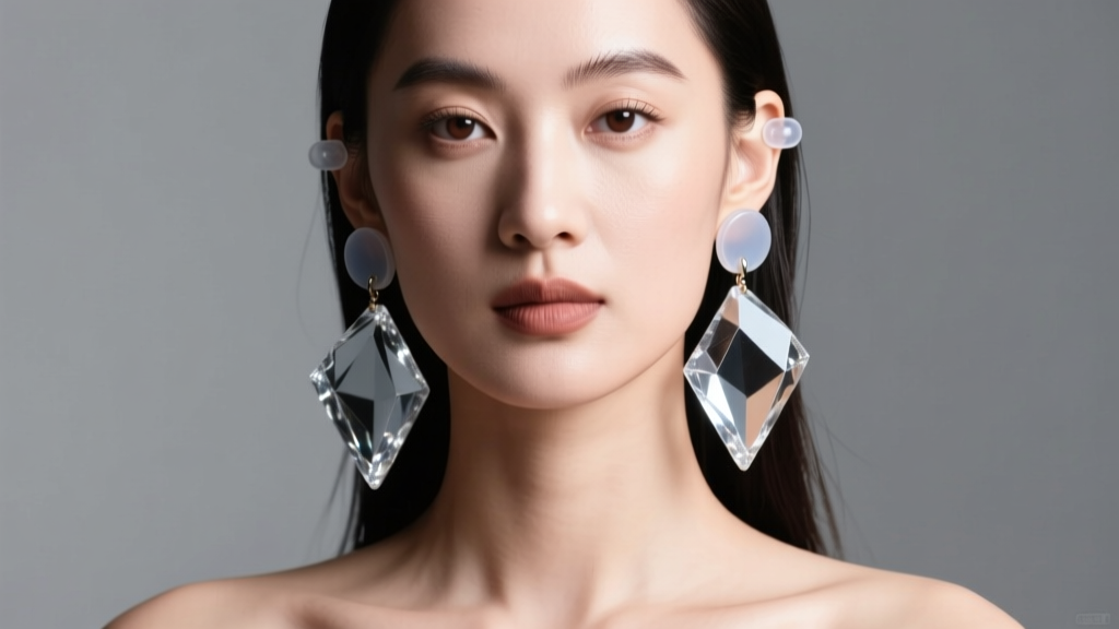 Woman wearing heavy acrylic rock earrings supported by clear silicone patches to prevent earlobe sagging under soft studio lights.