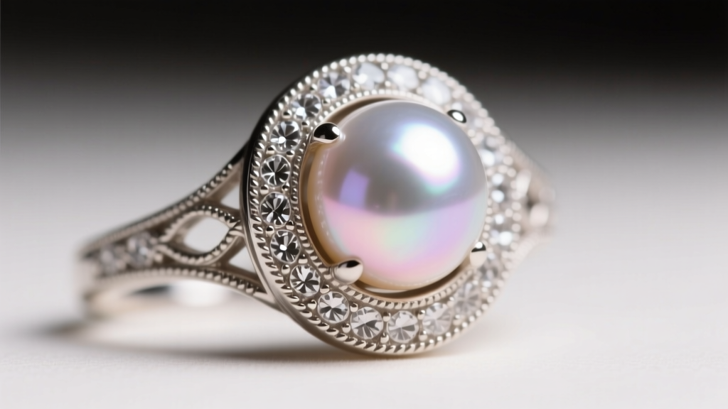 Extreme close-up of an Edwardian platinum millegrain bezel setting holding a natural pearl, illuminated by soft directional lighting
