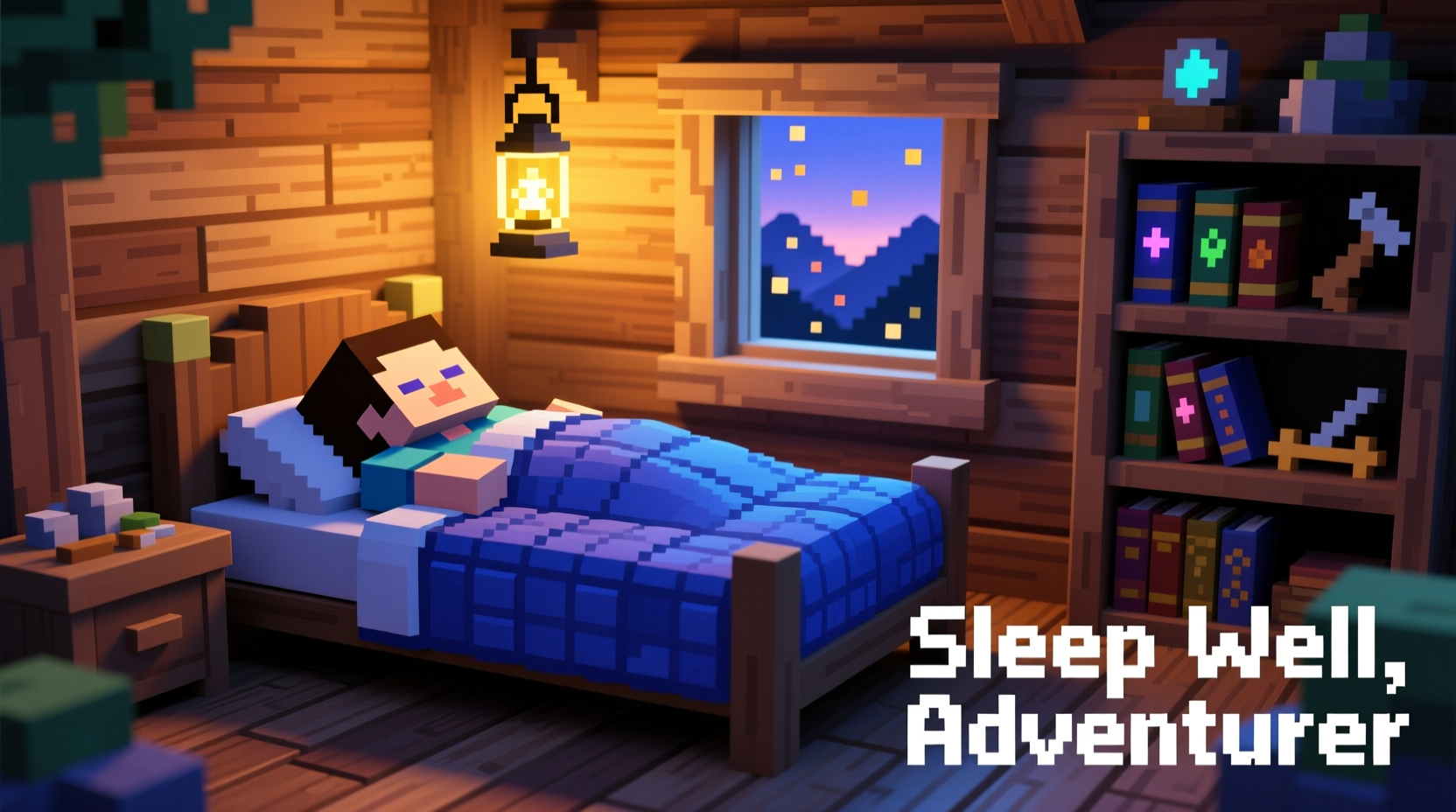 Minecraft player sleeping in custom-colored bed inside wooden house