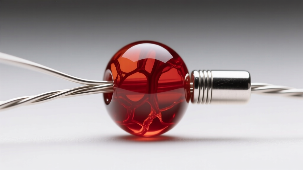 Close-up of a 0.024 inch steel beading wire passing through a red agate bead, secured with a flattened sterling silver crimp tube