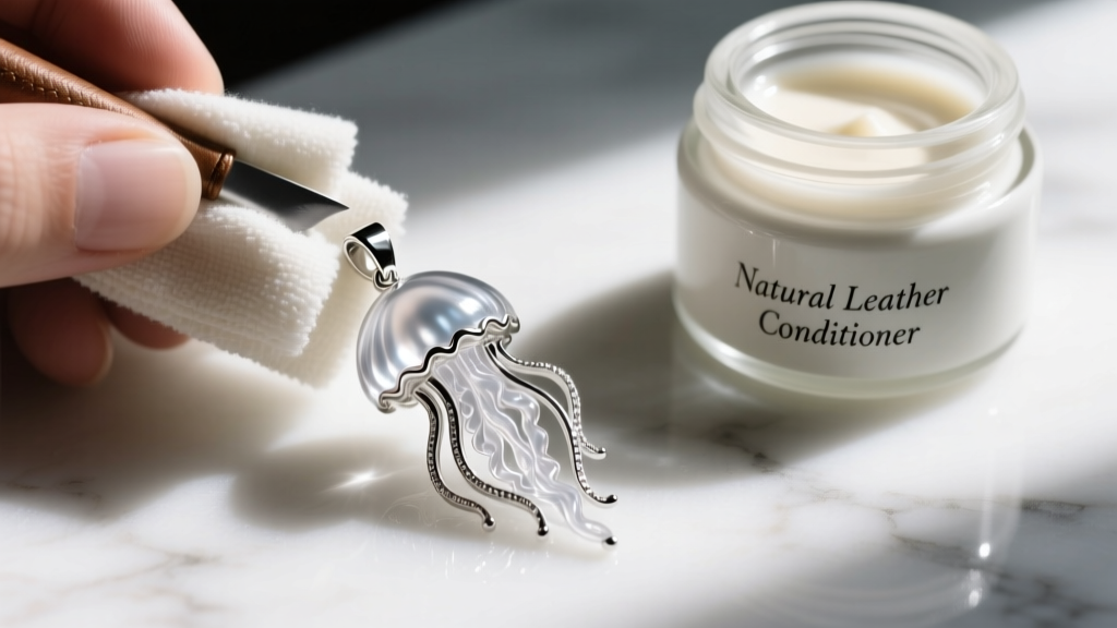 Polishing a silver-plated Uno de 50 jellyfish pendant with a microfiber cloth next to a small jar of natural leather conditioner