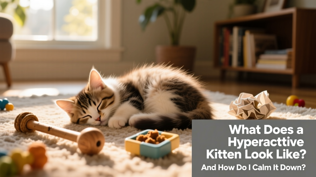 A relaxed kitten curled up sleeping beside a used wand toy and a food puzzle, bathed in soft afternoon light