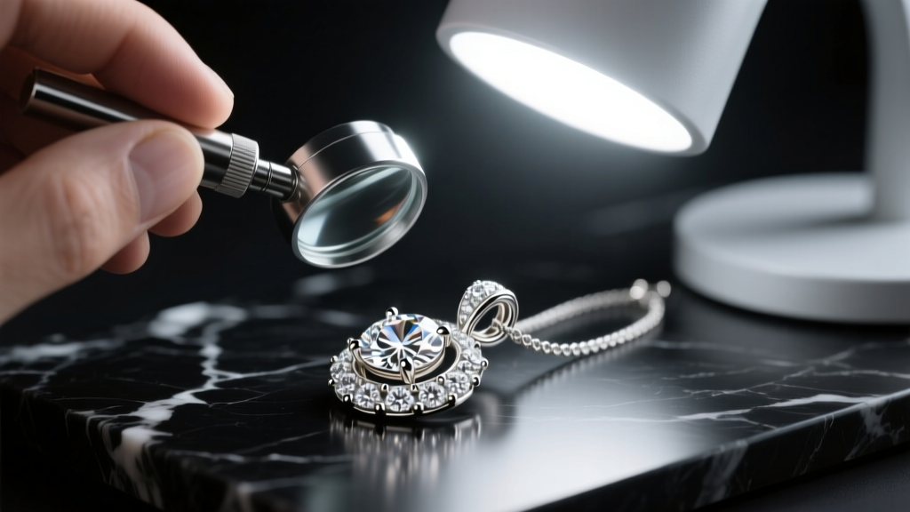 Jeweler inspecting diamond prongs and bail loop on an 18k white gold Chai pendant with a loupe under a bright LED workbench lamp.
