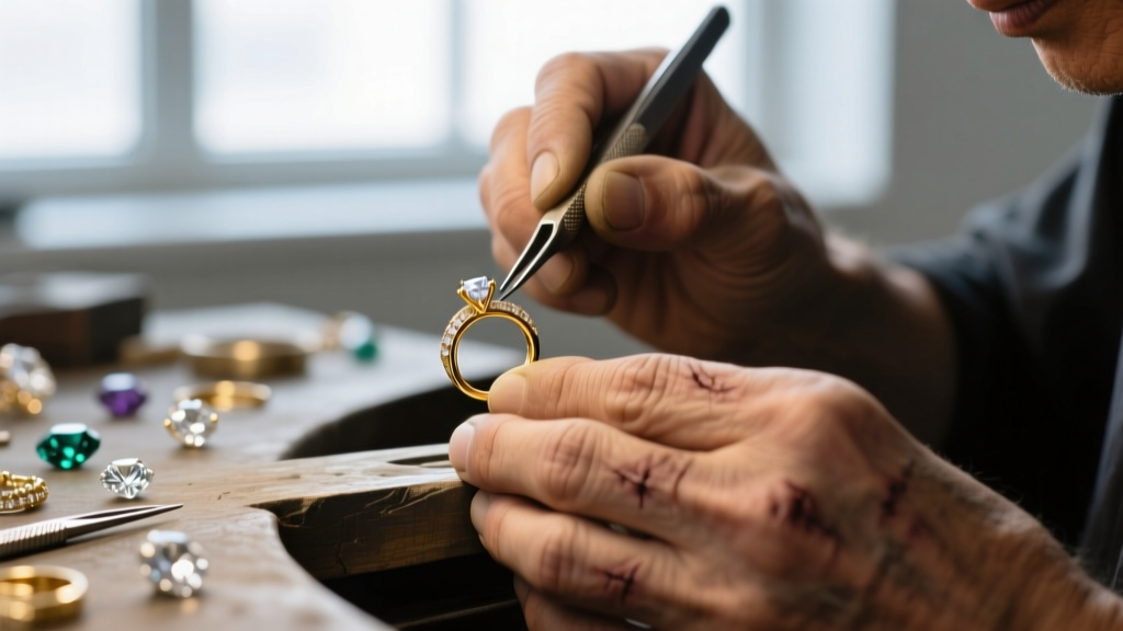 Macro shot of a jeweler's loupe magnifying the maker's mark on an Italian silver hoop earring, revealing crisp engraving details.