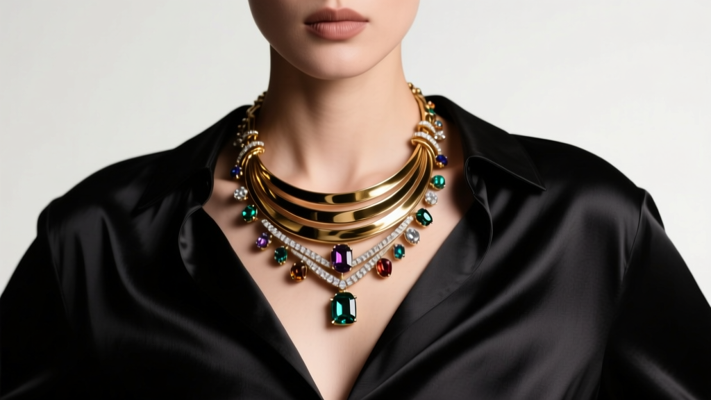 Model wearing a heavy statement necklace over a dark silk blouse, showing the drape and collarbone fit in soft studio lighting