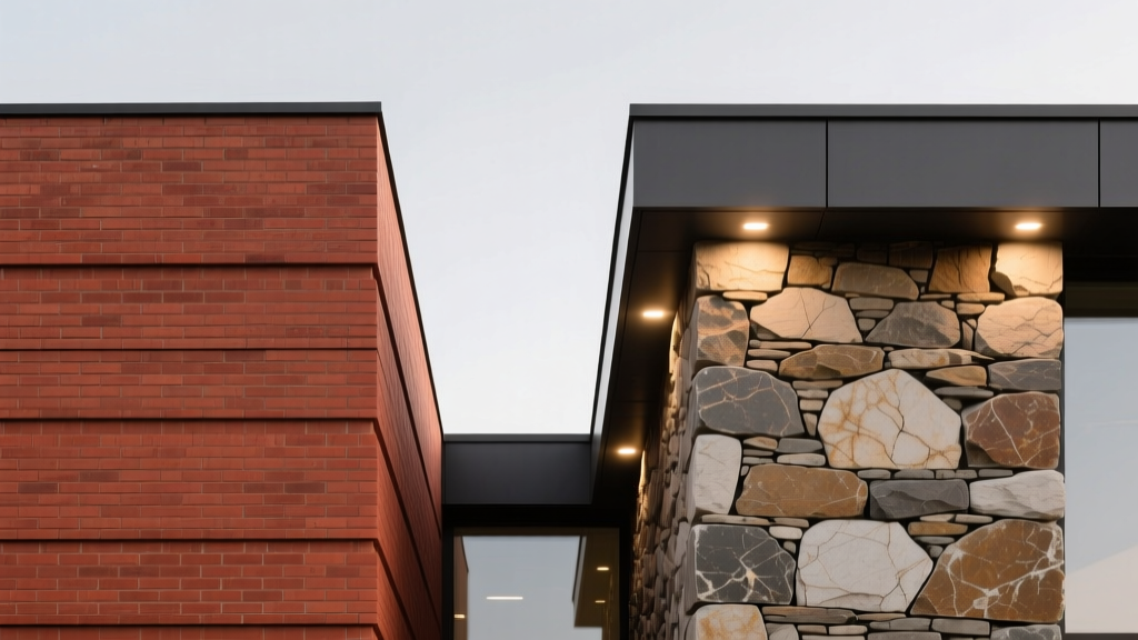 Split exterior facade showing warm red brick veneer on the left and rugged dry-stack limestone veneer on the right under modern lighting