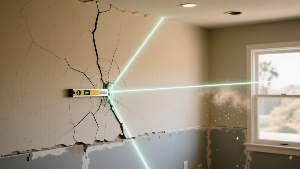 Close-up of a laser level measuring a diagonal drywall crack in a Van Nuys stucco home interior during a foundation structural inspection